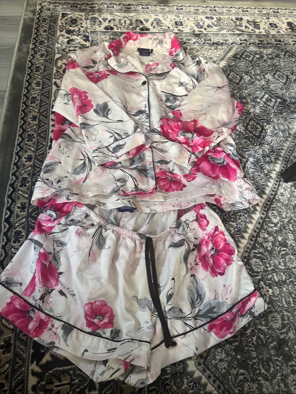 Apt. 9 Cream Satin Two-Piece Pajama Set with Pink Floral Print